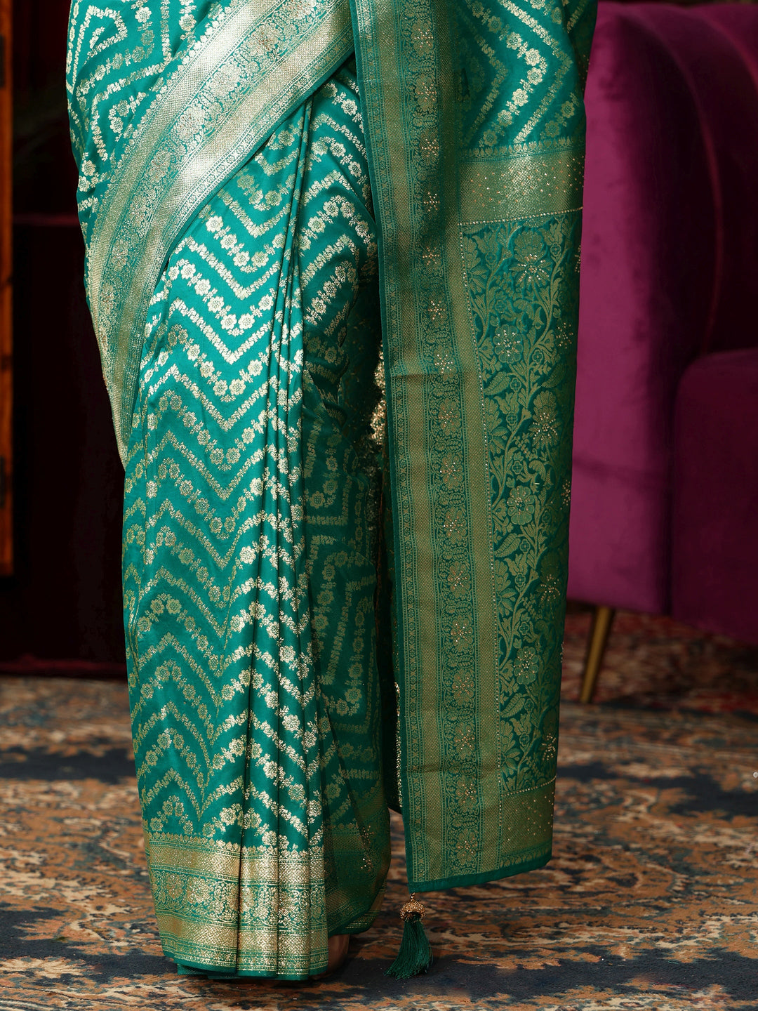Libas Sea Green Chevron Brocade Saree with Stone Work