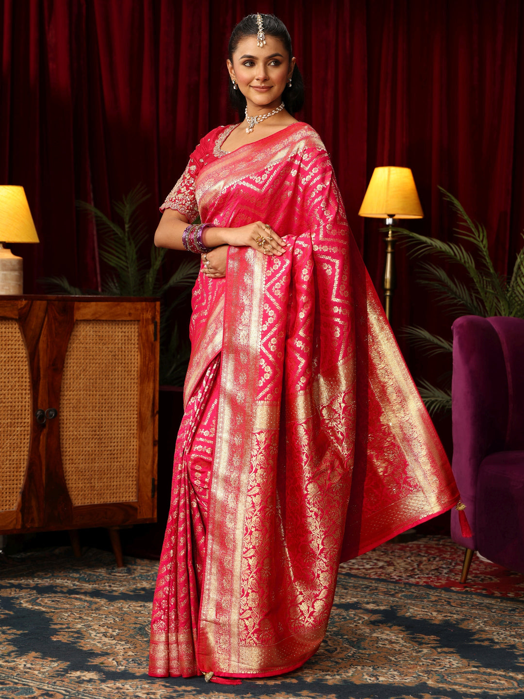 Libas Fuchsia Pink Chevron Brocade Saree with Stone Work