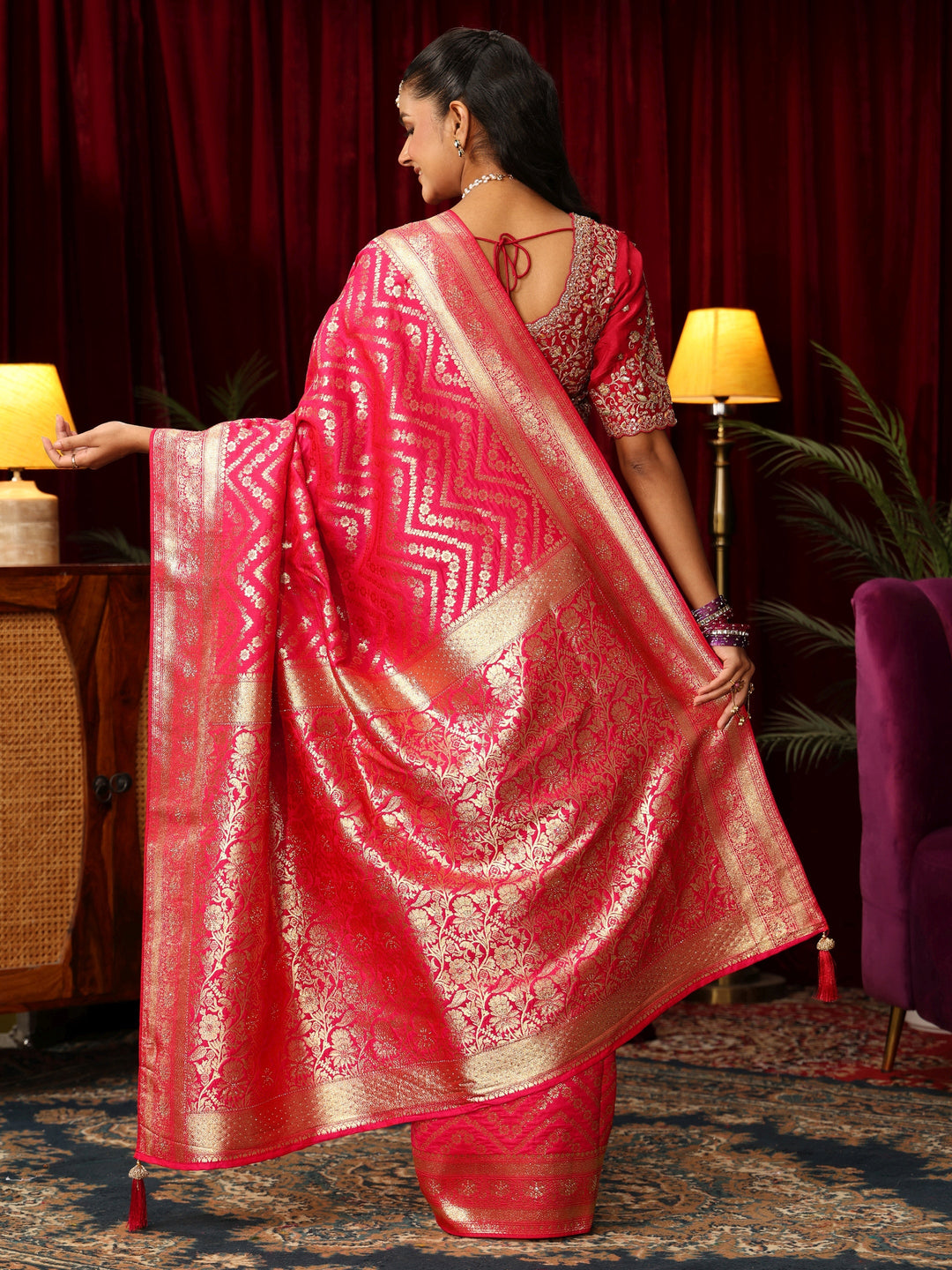 Libas Fuchsia Pink Chevron Brocade Saree with Stone Work
