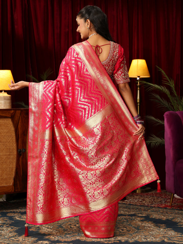 Libas Fuchsia Pink Chevron Brocade Saree with Stone Work