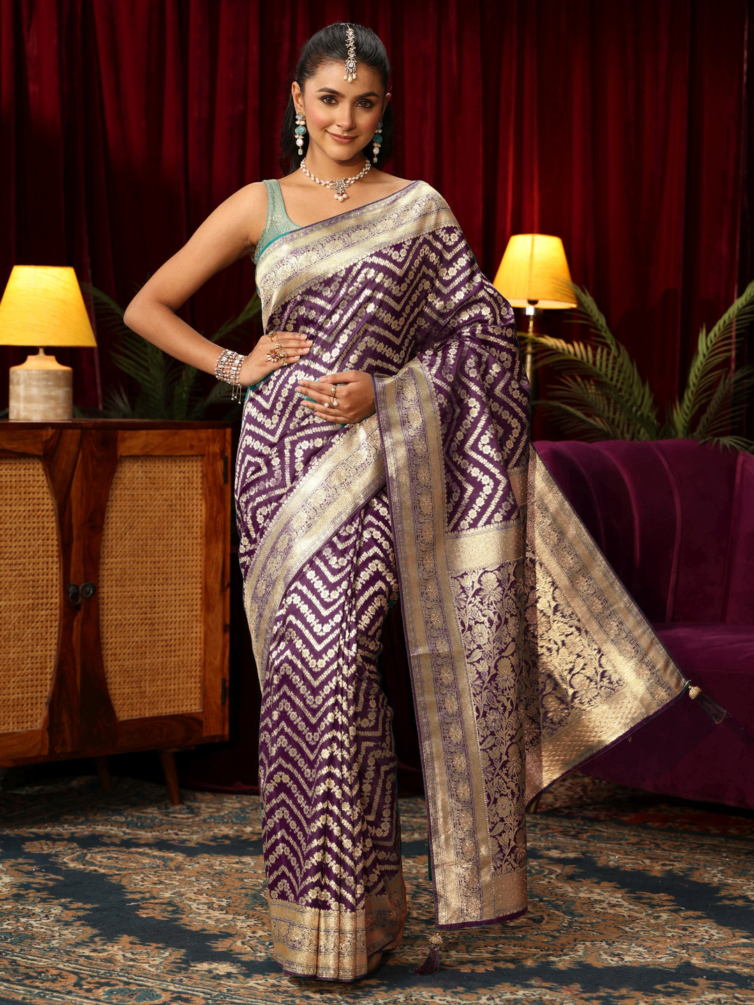 Libas Wine Chevron Brocade Saree with Stone Work
