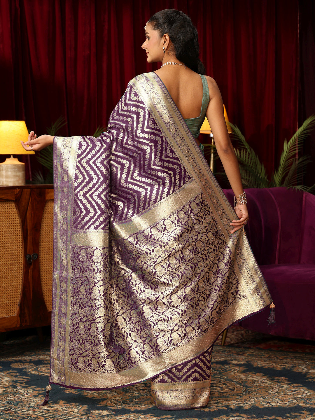 Libas Wine Chevron Brocade Saree with Stone Work