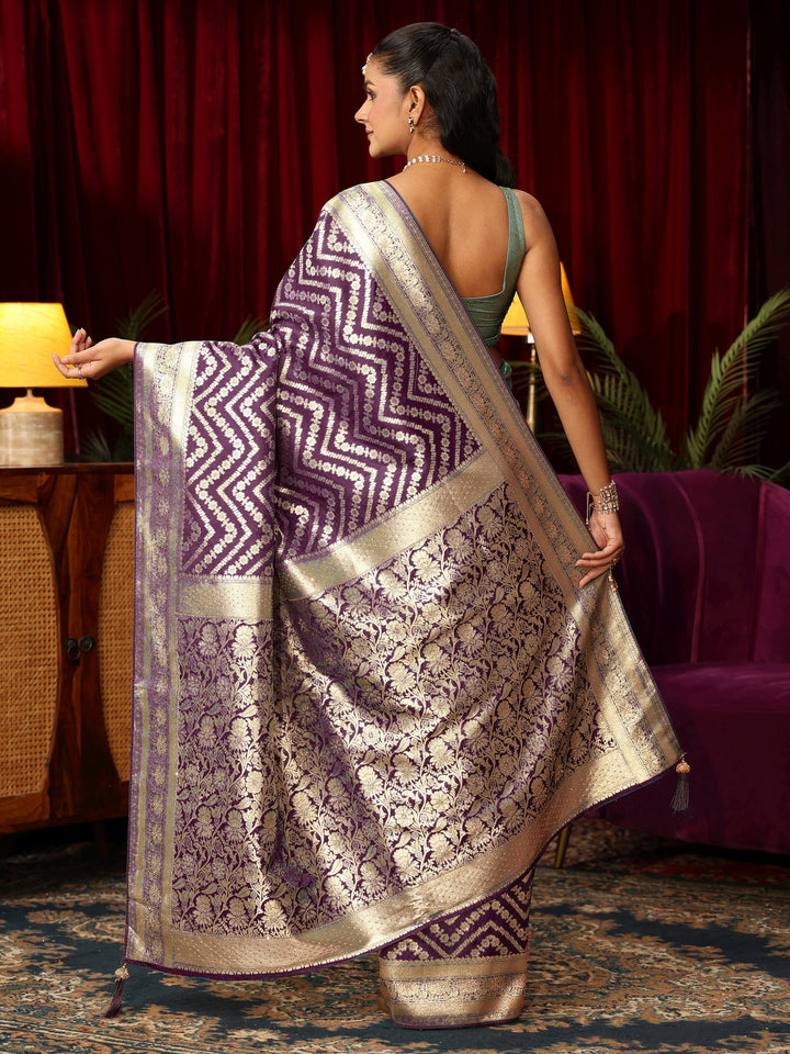 Libas Wine Chevron Brocade Saree with Stone Work