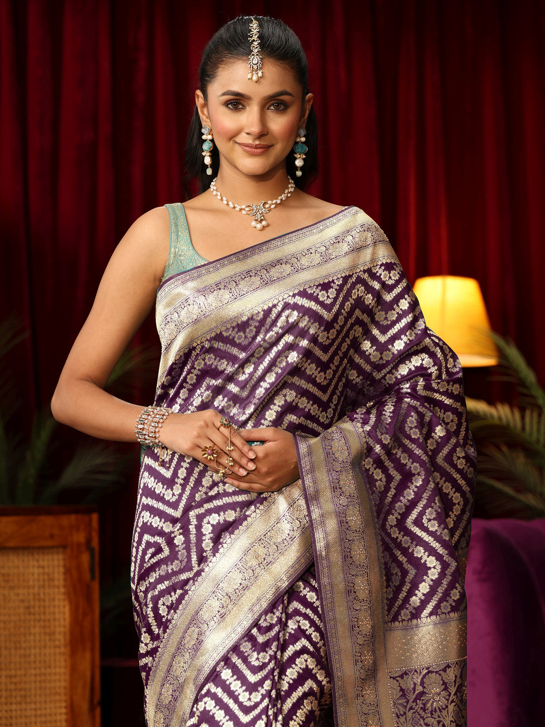 Libas Wine Chevron Brocade Saree with Stone Work