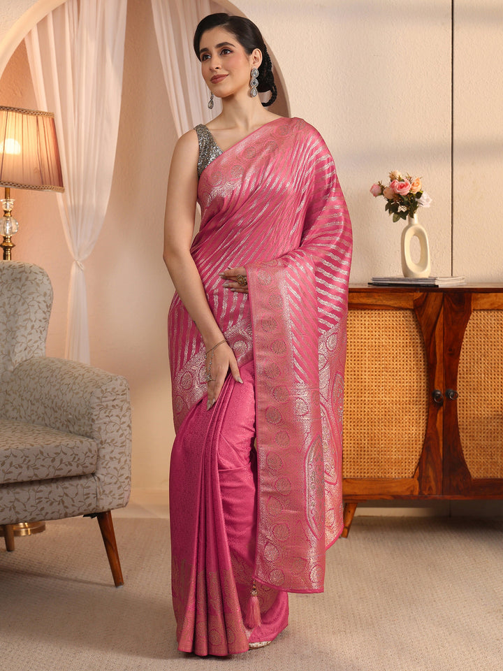 Libas Peach Pink Striped Woven Design Silk Blend Saree