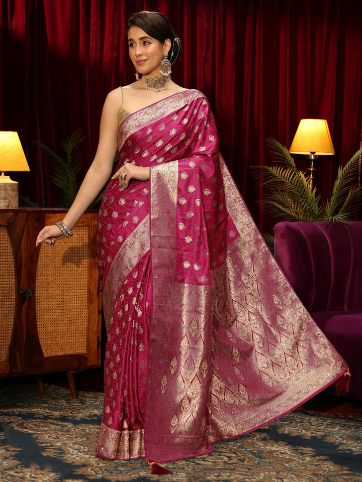Libas Fuchsia Pink Floral Woven Design Silk Blend Saree