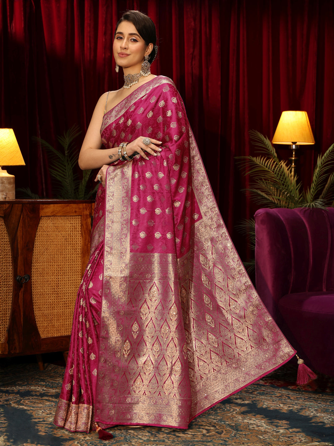 Libas Fuchsia Pink Floral Woven Design Silk Blend Saree