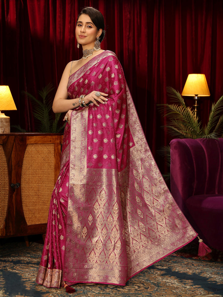 Libas Fuchsia Pink Floral Woven Design Silk Blend Saree