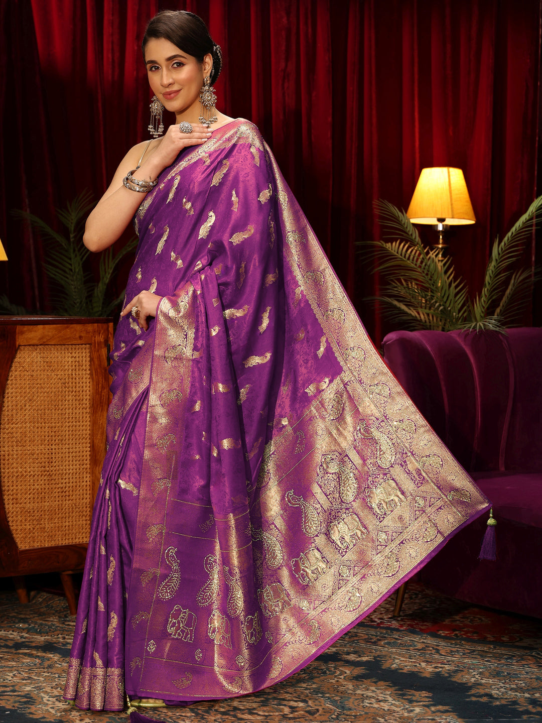 Libas Purple Peacock Woven Design Embellished Silk Blend Saree