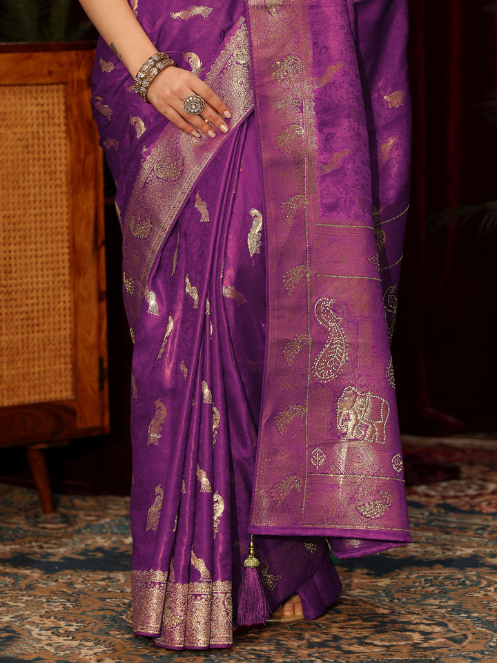 Libas Purple Peacock Woven Design Embellished Silk Blend Saree