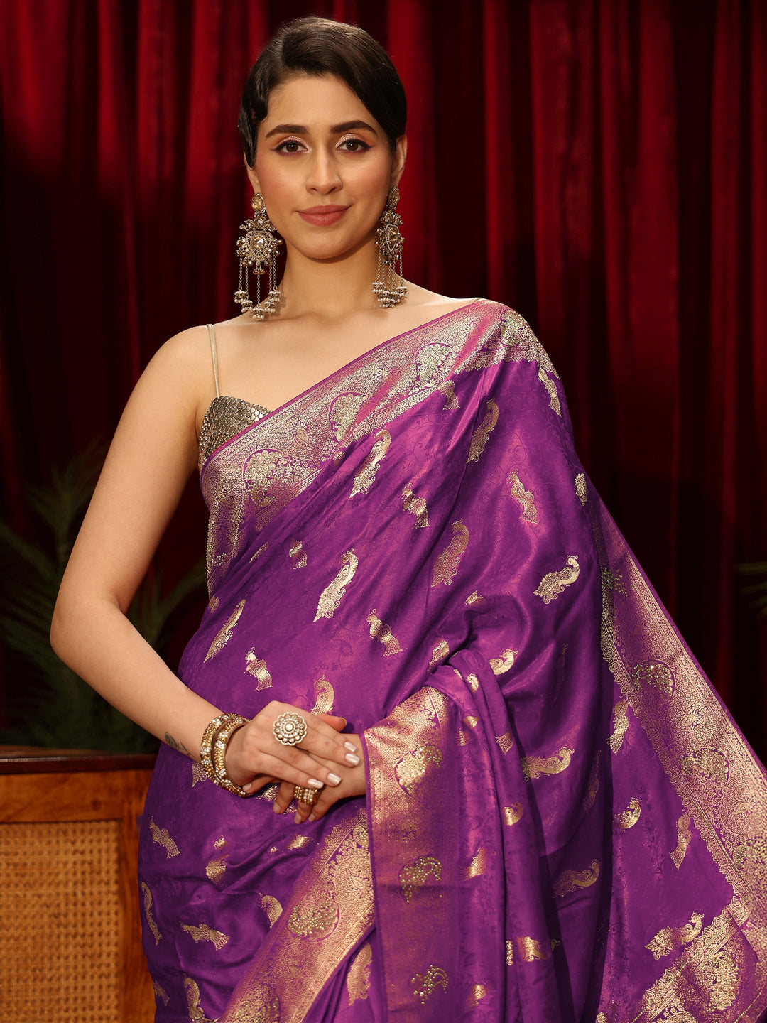 Libas Purple Peacock Woven Design Embellished Silk Blend Saree
