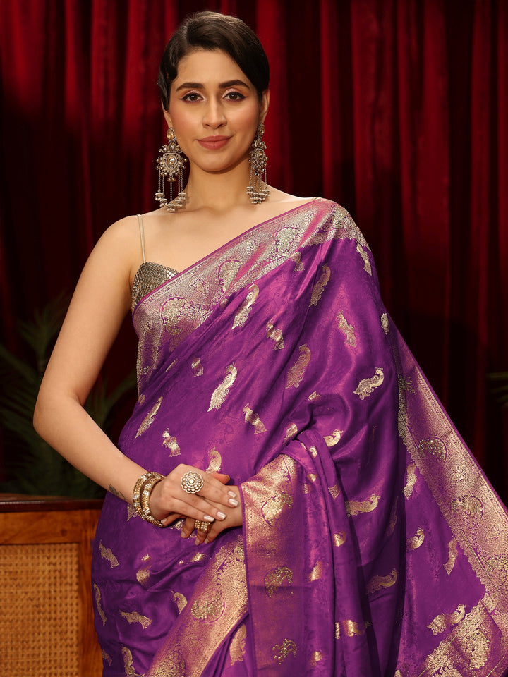 Libas Purple Peacock Woven Design Embellished Silk Blend Saree