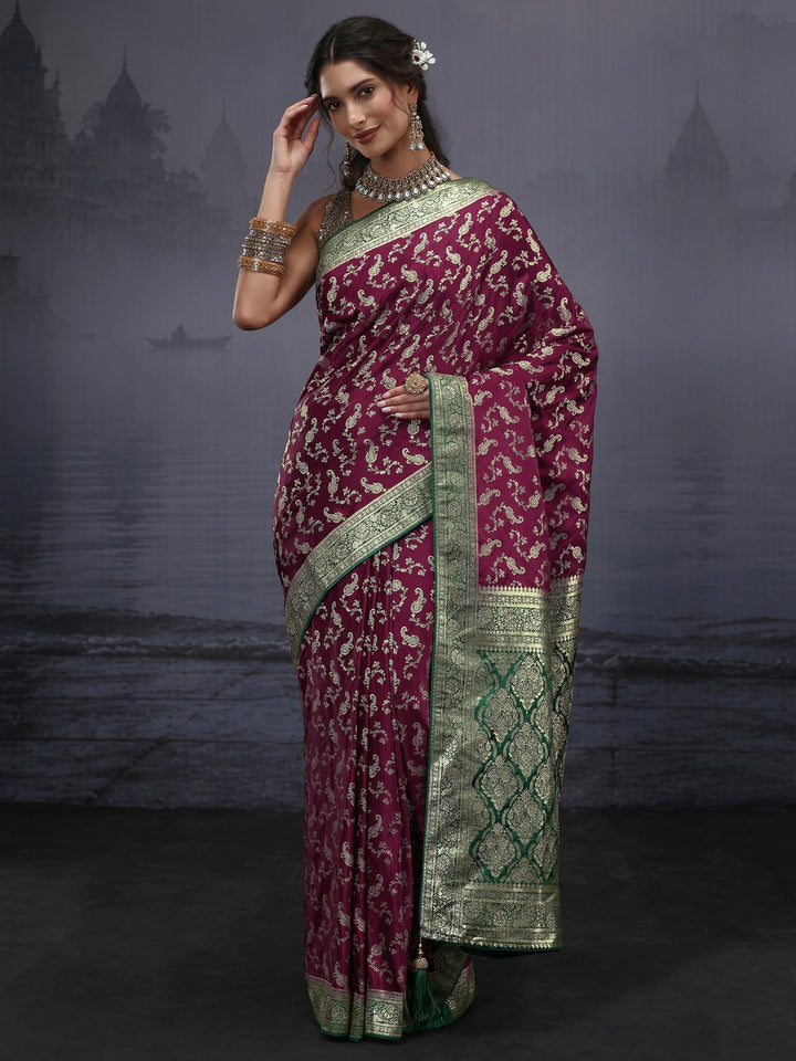 Libas Maroon and Green Ethnic Woven Design Satin Saree