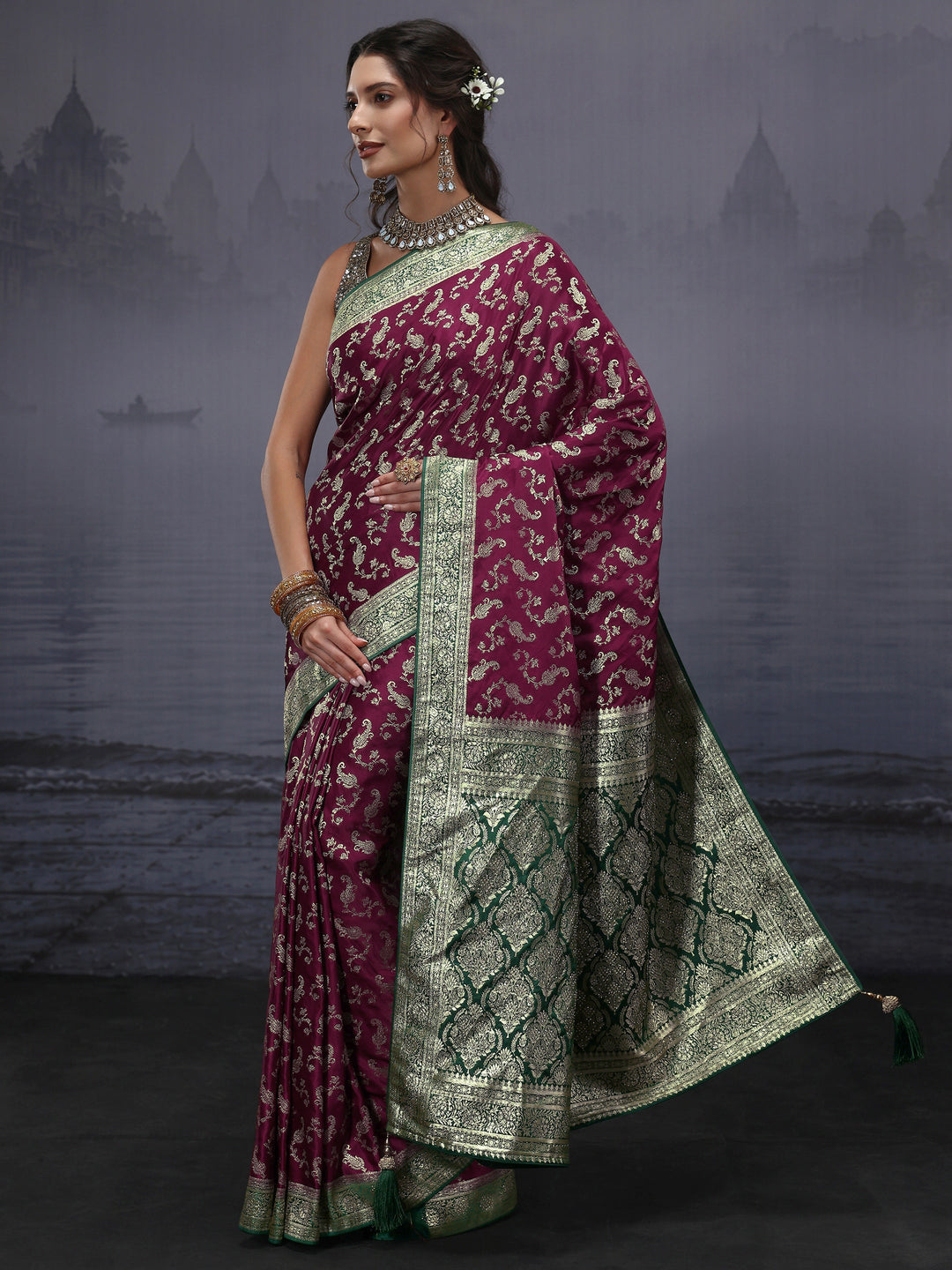 Libas Maroon and Green Ethnic Woven Design Satin Saree
