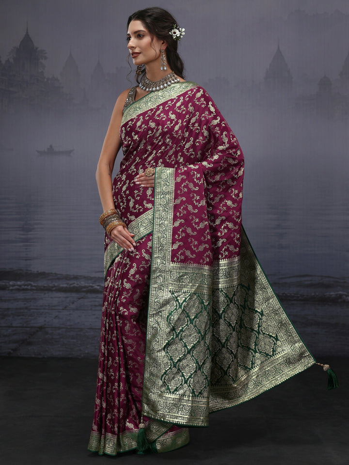 Libas Maroon and Green Ethnic Woven Design Satin Saree