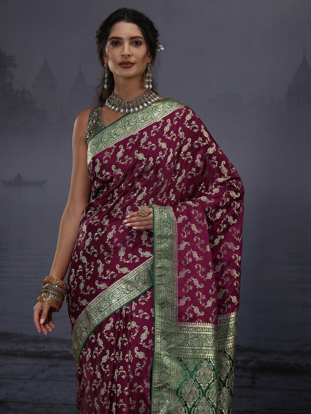 Libas Maroon and Green Ethnic Woven Design Satin Saree