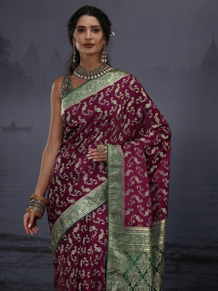 Libas Maroon and Green Ethnic Woven Design Satin Saree