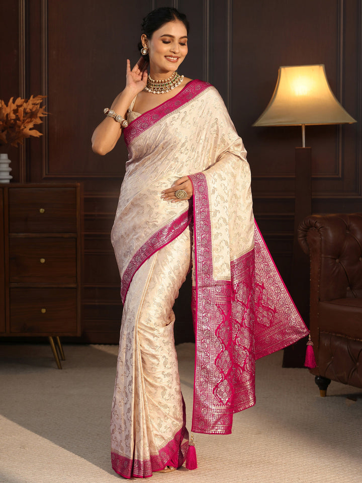 Libas Cream and Rani Pink Woven Design Satin Saree