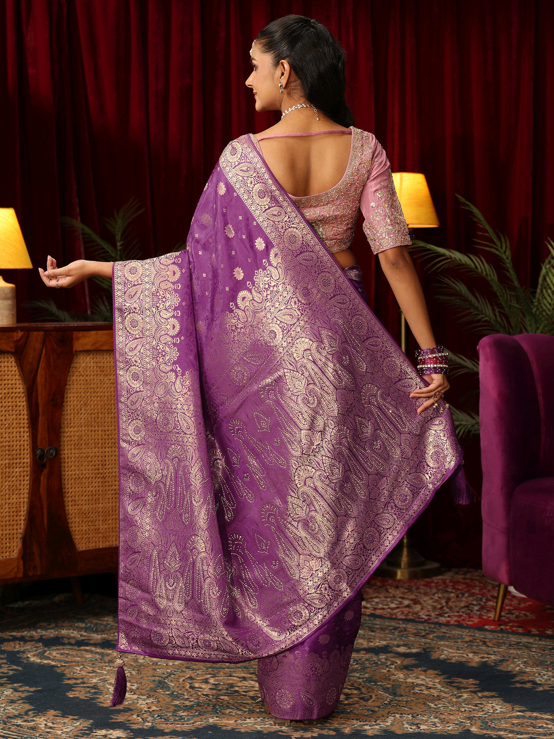 Libas Amethyst Purple Floral Brocade Saree with Stone Work