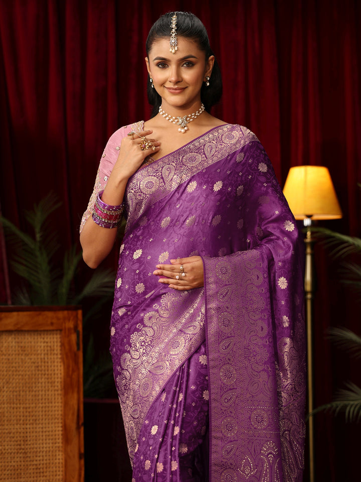 Libas Amethyst Purple Floral Brocade Saree with Stone Work