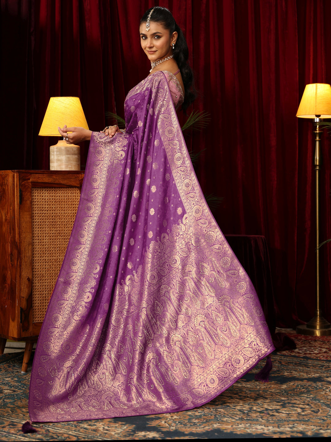 Libas Amethyst Purple Floral Brocade Saree with Stone Work