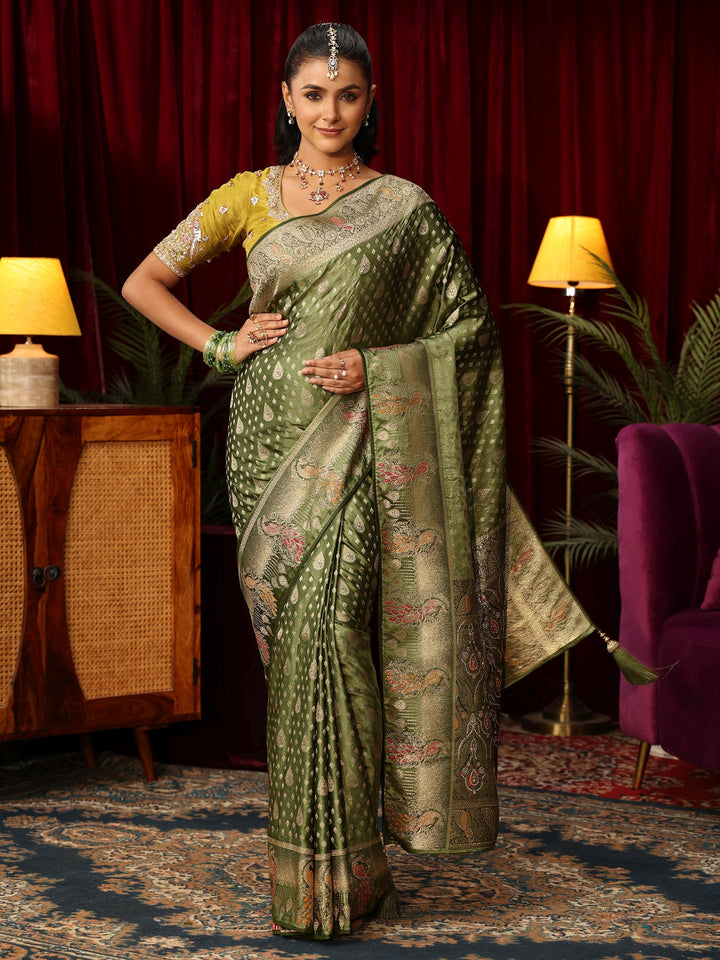 Libas Olive Green Woven Design Silk Blend Saree with Stone Work
