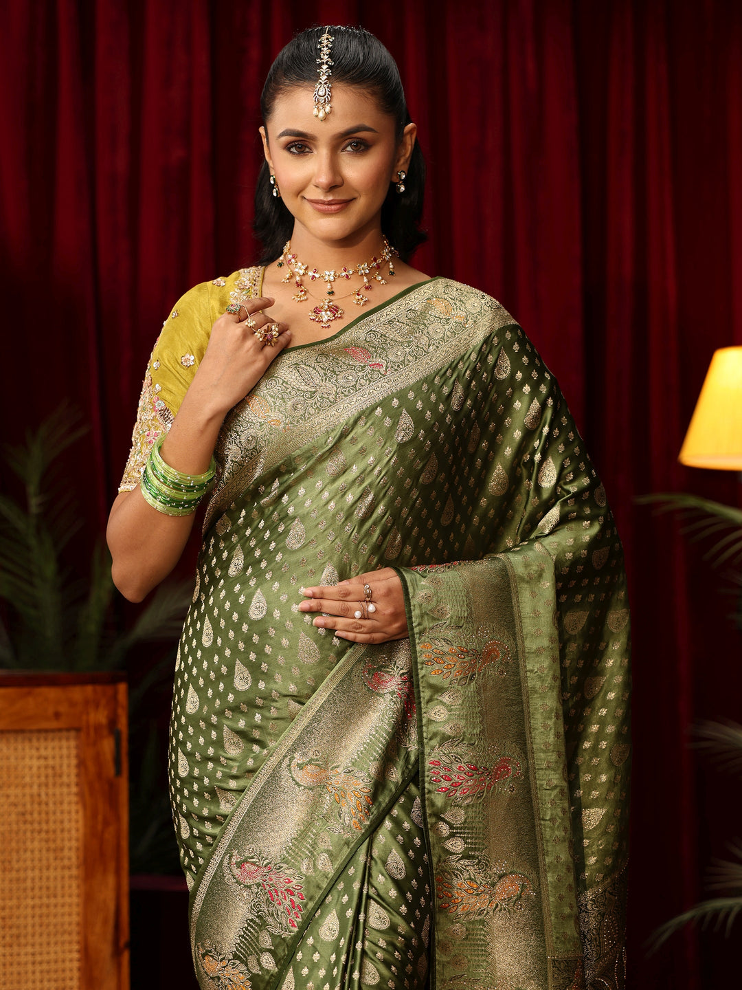 Libas Olive Green Woven Design Silk Blend Saree with Stone Work