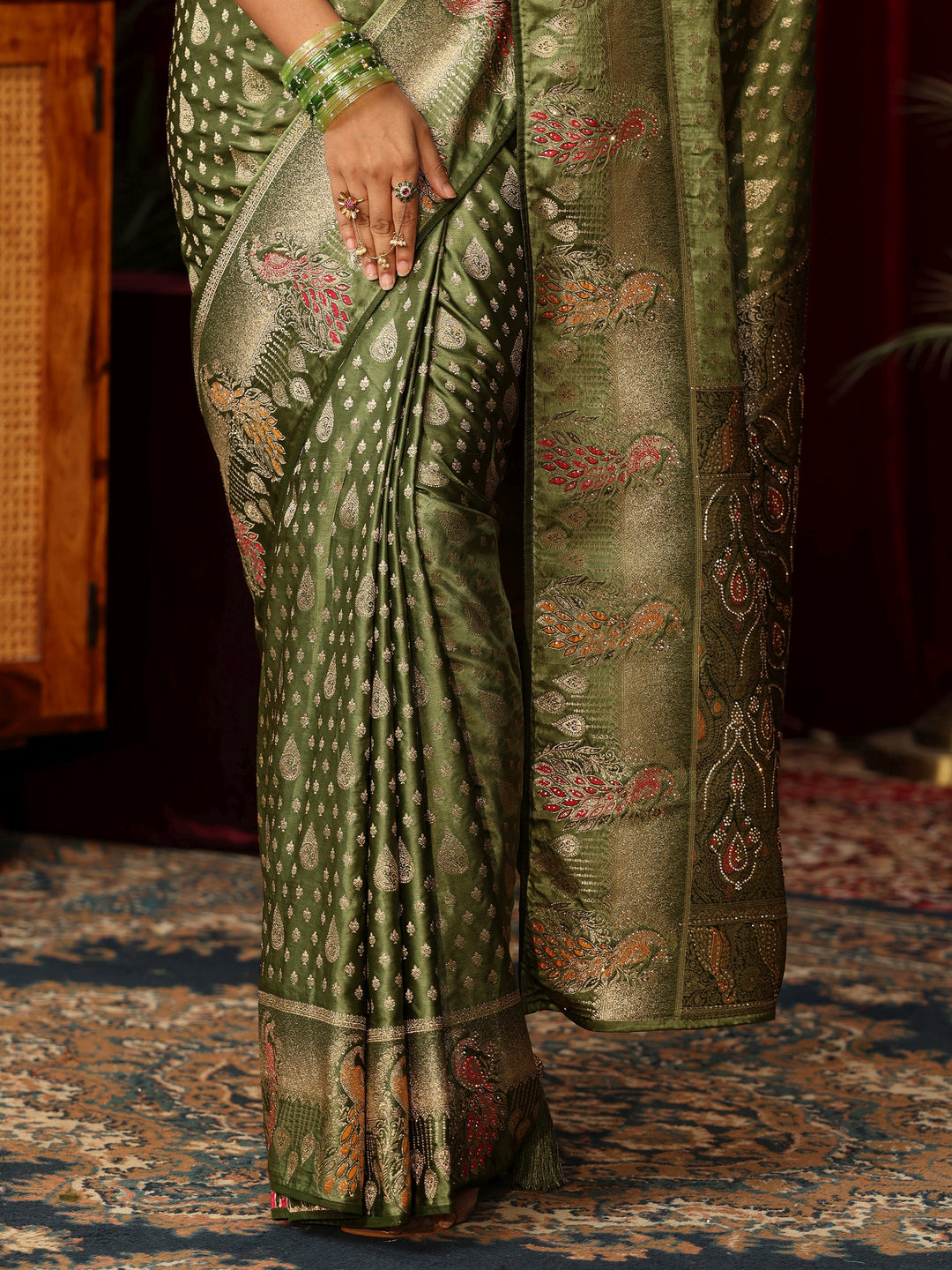 Libas Olive Green Woven Design Silk Blend Saree with Stone Work
