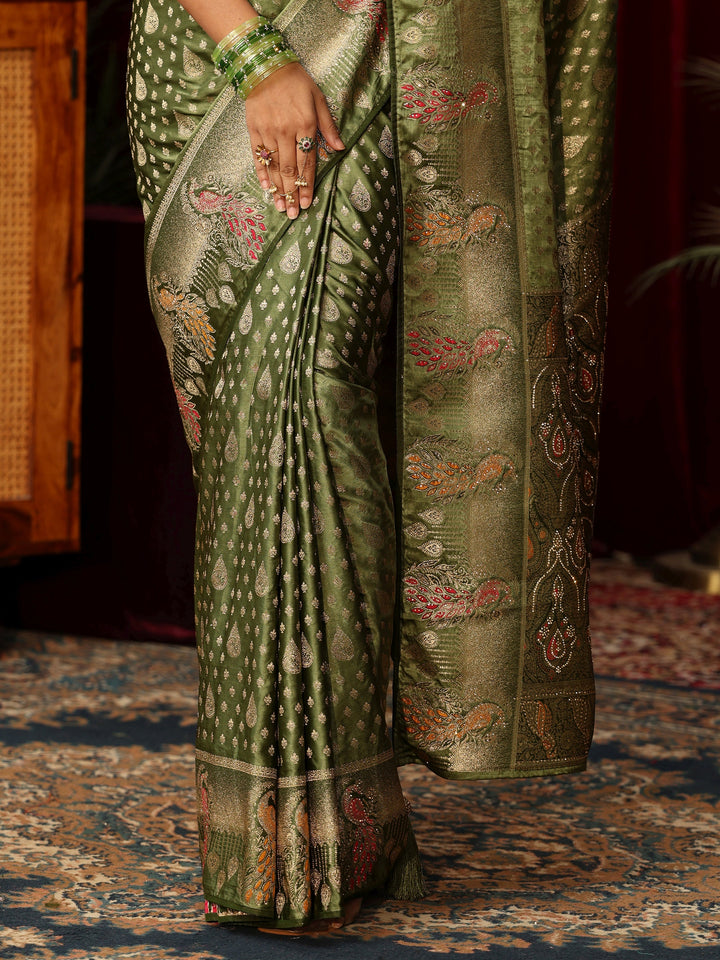 Libas Olive Green Woven Design Silk Blend Saree with Stone Work