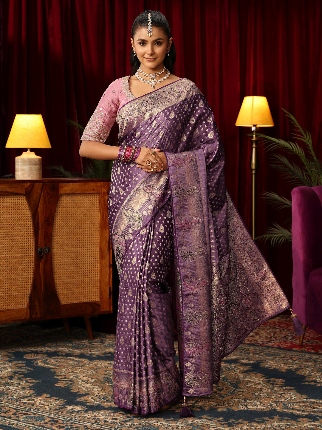 Libas Royal Purple Woven Design Silk Blend Saree with Stone Work