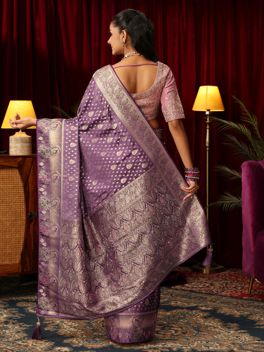Libas Royal Purple Woven Design Silk Blend Saree with Stone Work
