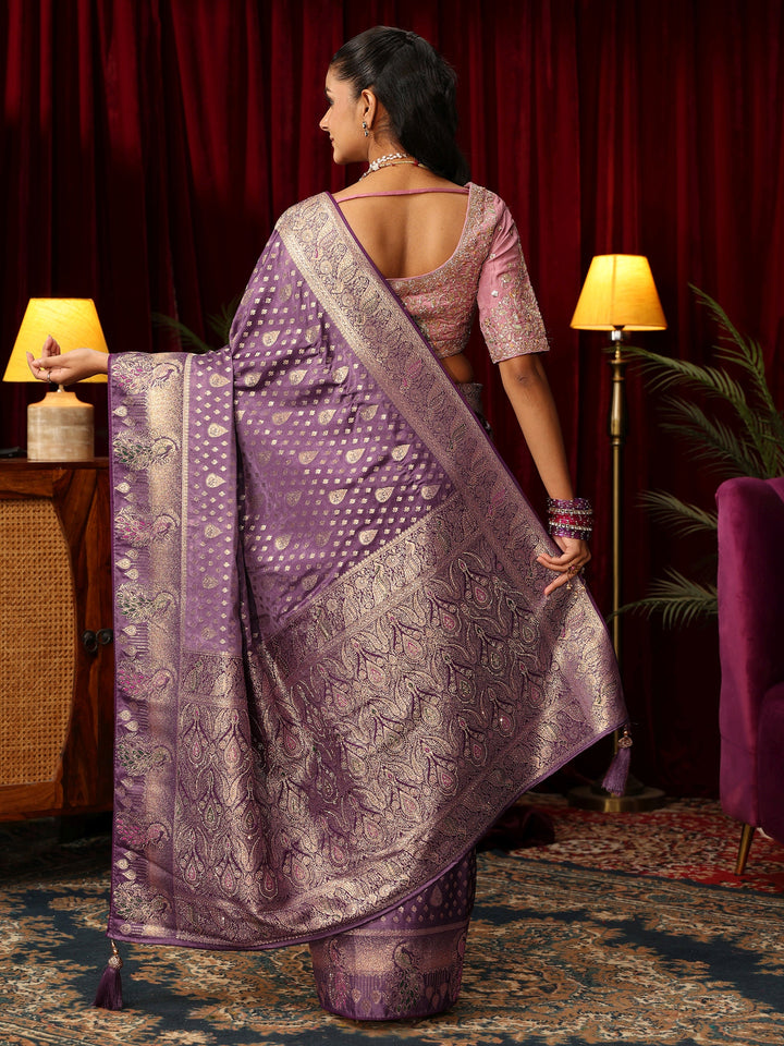 Libas Royal Purple Woven Design Silk Blend Saree with Stone Work
