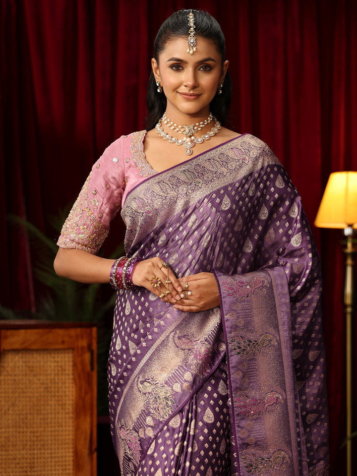 Libas Royal Purple Woven Design Silk Blend Saree with Stone Work