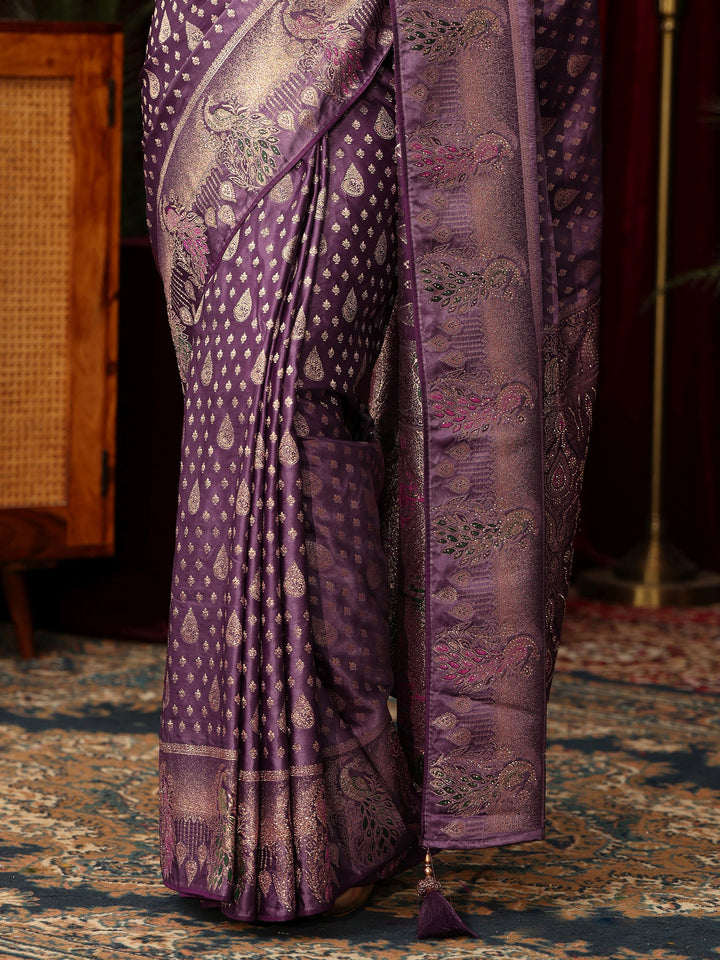 Libas Royal Purple Woven Design Silk Blend Saree with Stone Work