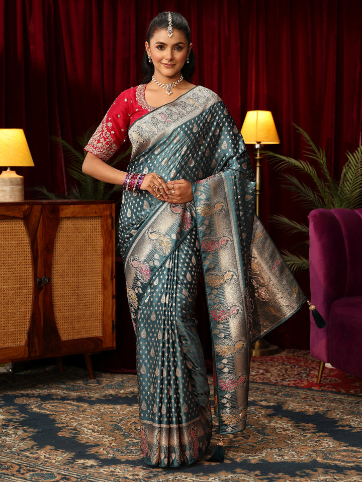 Libas Dusty Blue Woven Design Silk Blend Saree with Stone Work