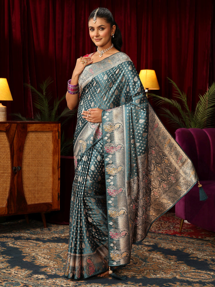Libas Dusty Blue Woven Design Silk Blend Saree with Stone Work