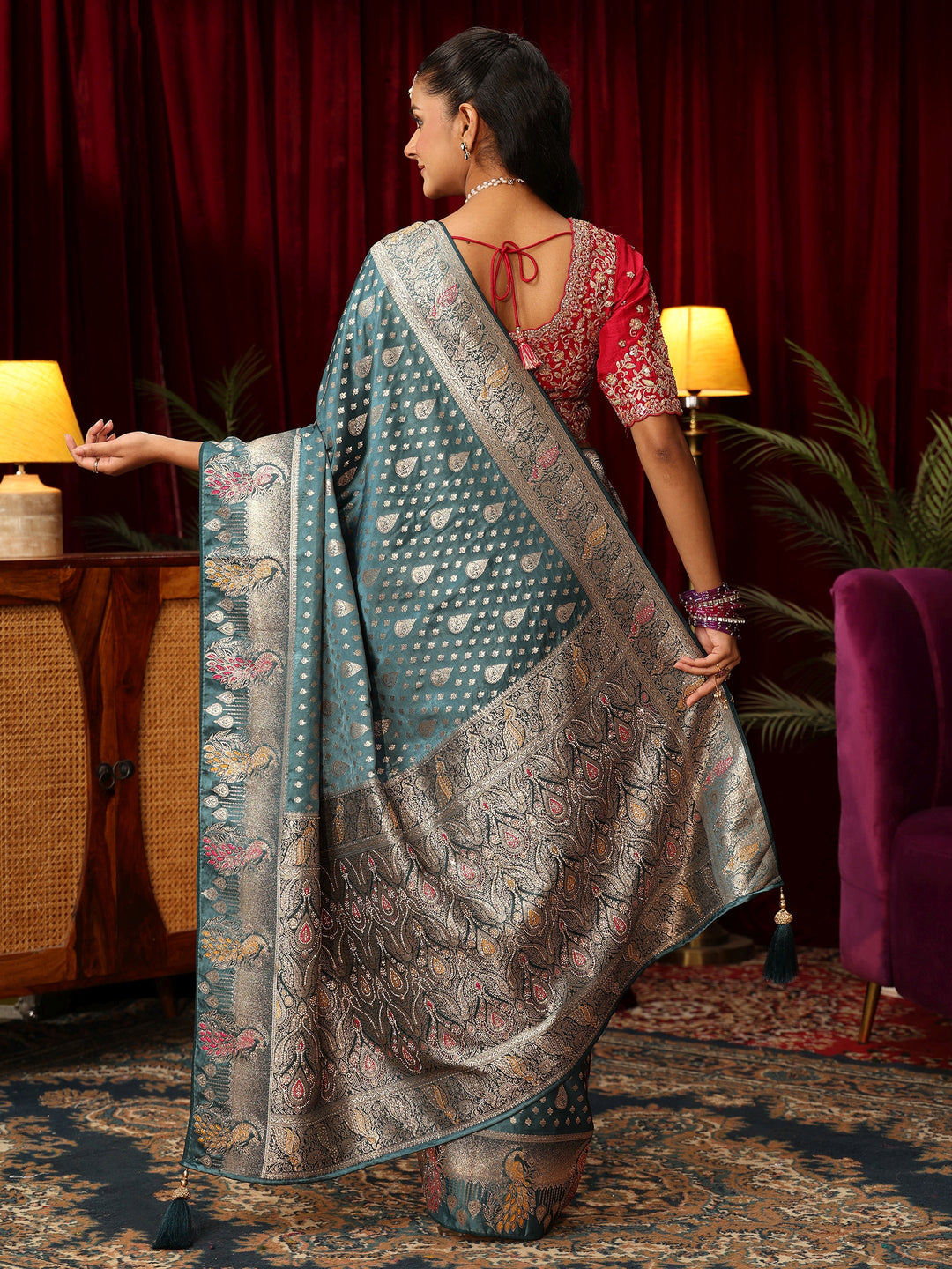 Libas Dusty Blue Woven Design Silk Blend Saree with Stone Work