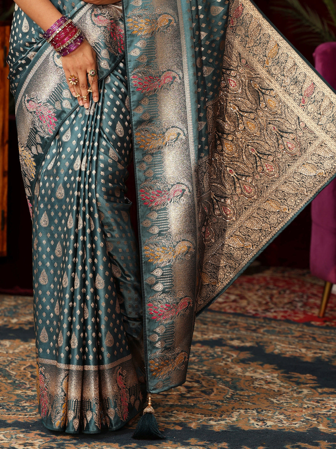 Libas Dusty Blue Woven Design Silk Blend Saree with Stone Work