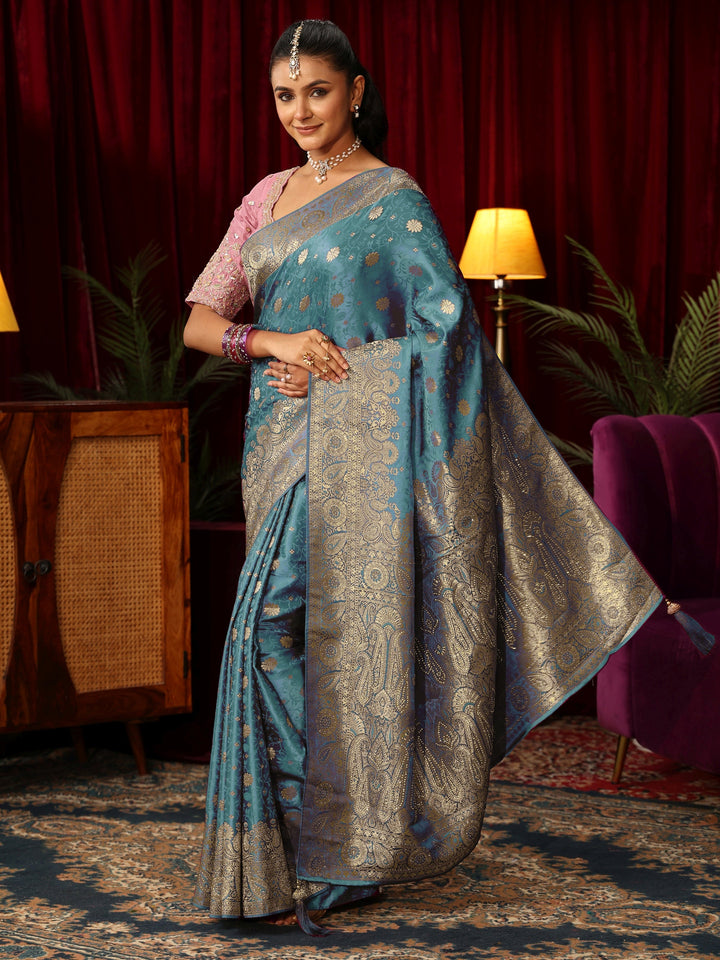 Libas Blue Woven Design Silk Blend Saree with Stone Work