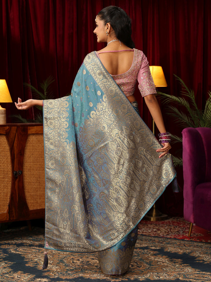 Libas Blue Woven Design Silk Blend Saree with Stone Work