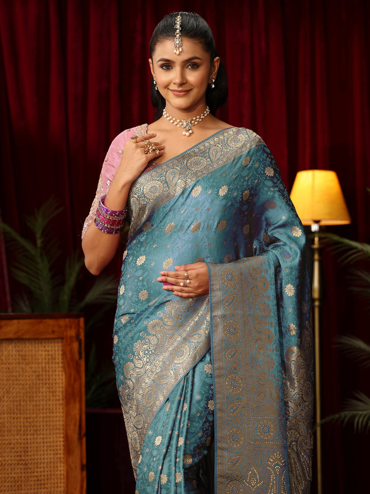Libas Blue Woven Design Silk Blend Saree with Stone Work