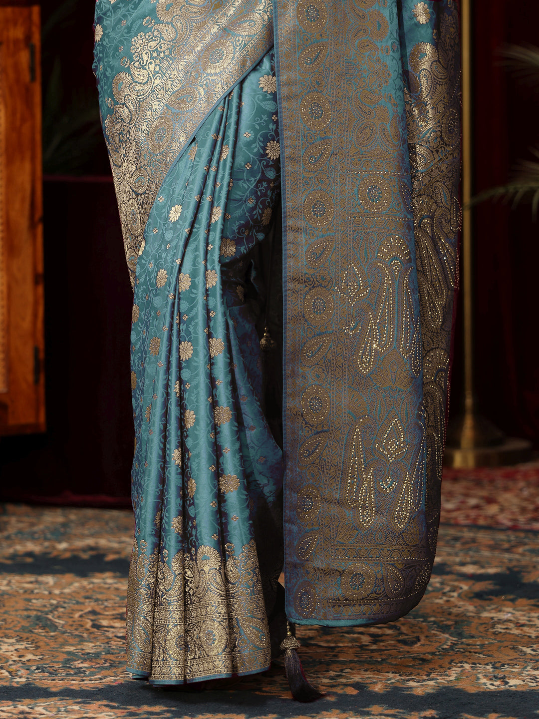 Libas Blue Woven Design Silk Blend Saree with Stone Work
