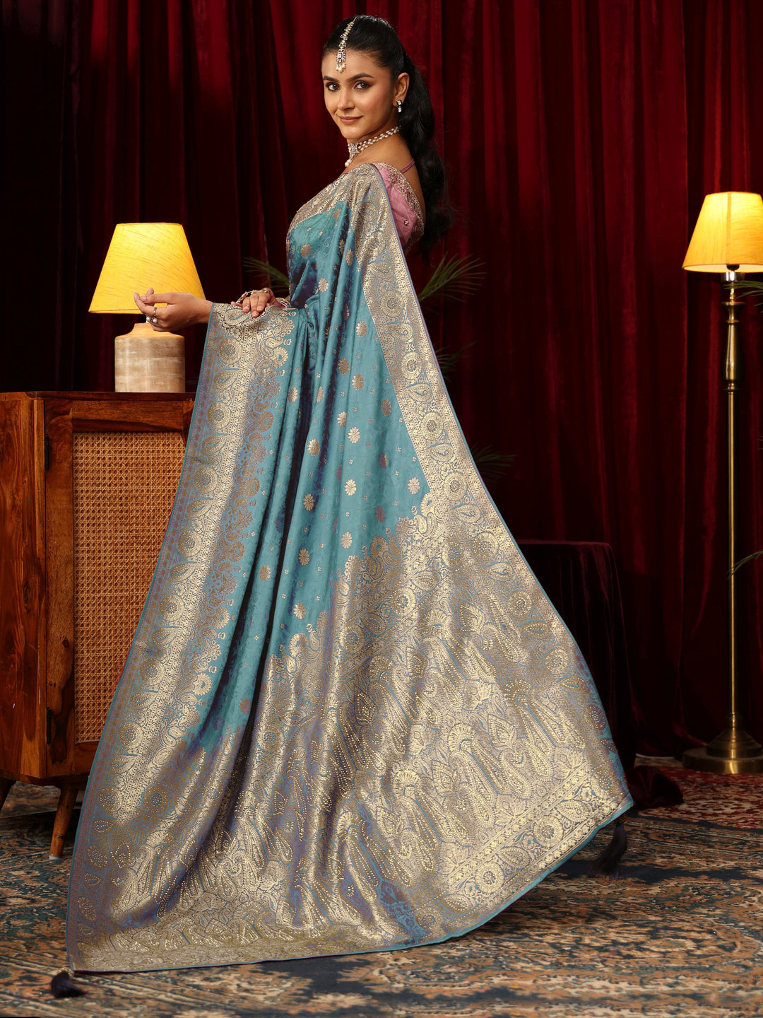 Libas Blue Woven Design Silk Blend Saree with Stone Work