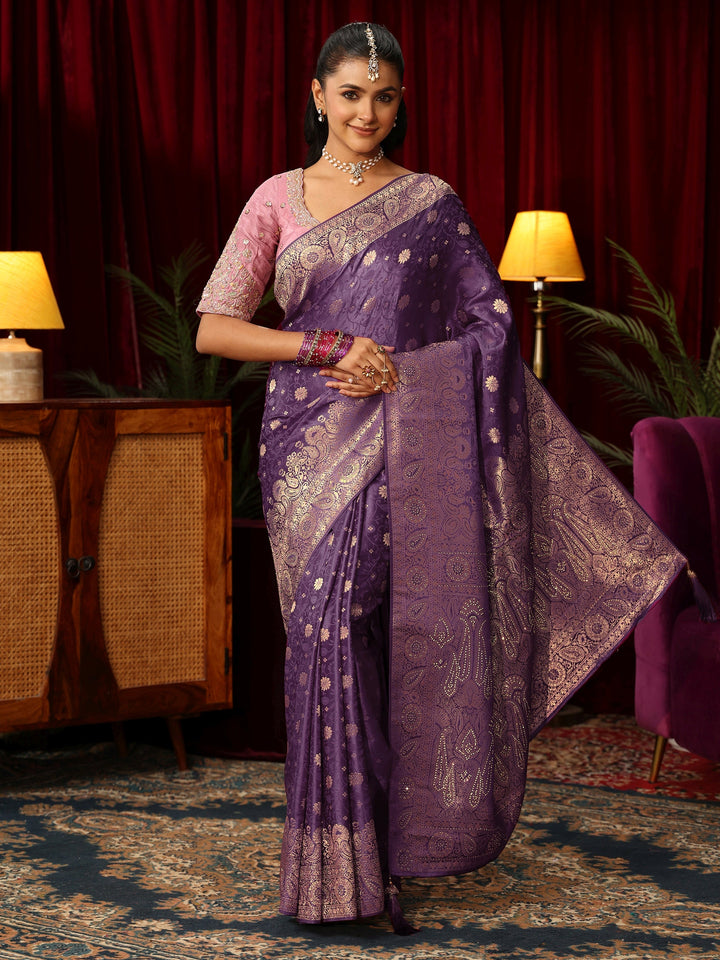 Libas Purple Woven Design Silk Blend Saree with Stone Work