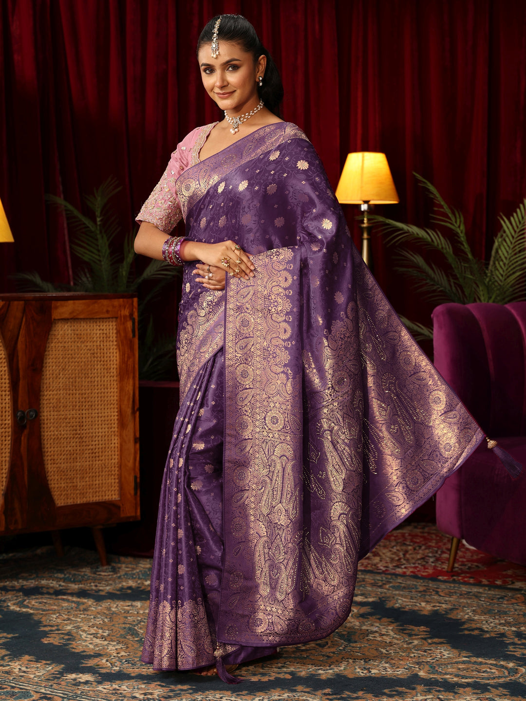 Libas Purple Woven Design Silk Blend Saree with Stone Work