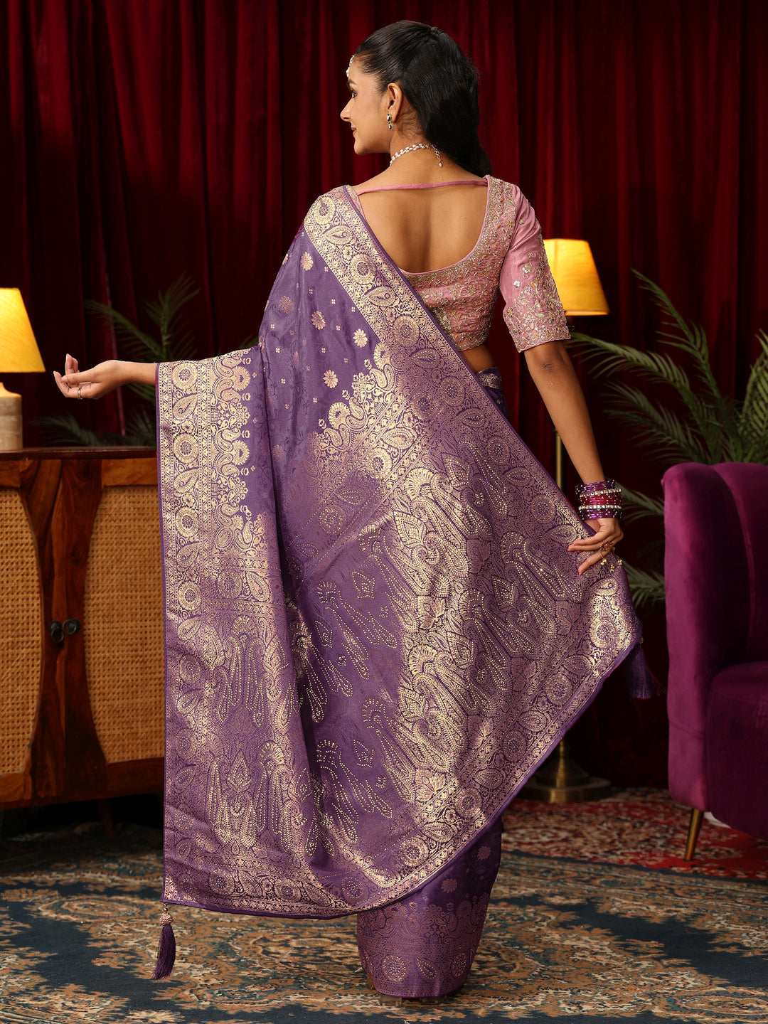 Libas Purple Woven Design Silk Blend Saree with Stone Work