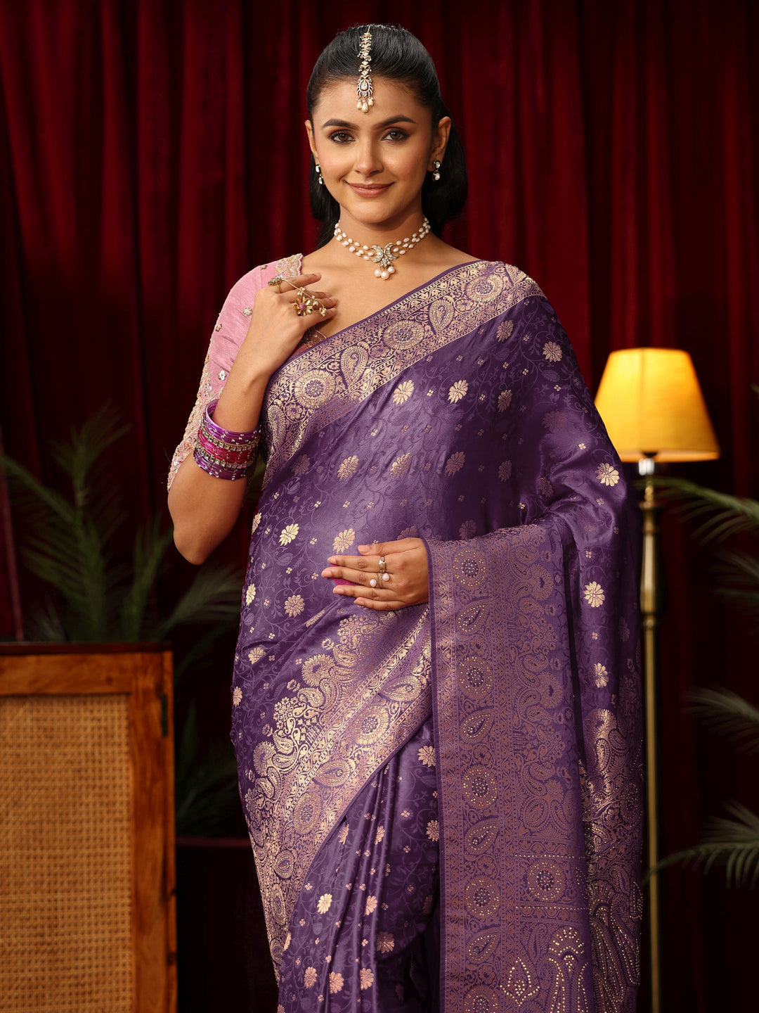 Libas Purple Woven Design Silk Blend Saree with Stone Work
