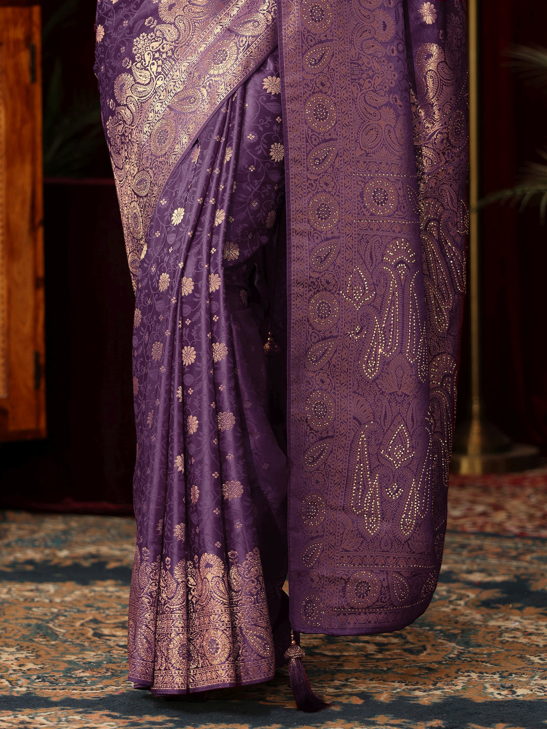 Libas Purple Woven Design Silk Blend Saree with Stone Work
