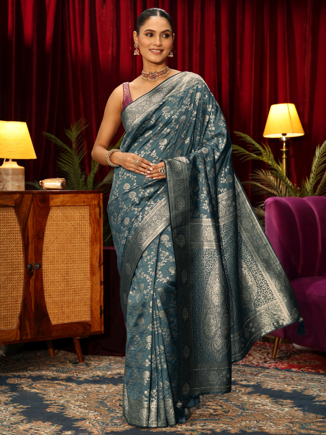 Libas Blue Floral Woven Design Silk Blend Saree