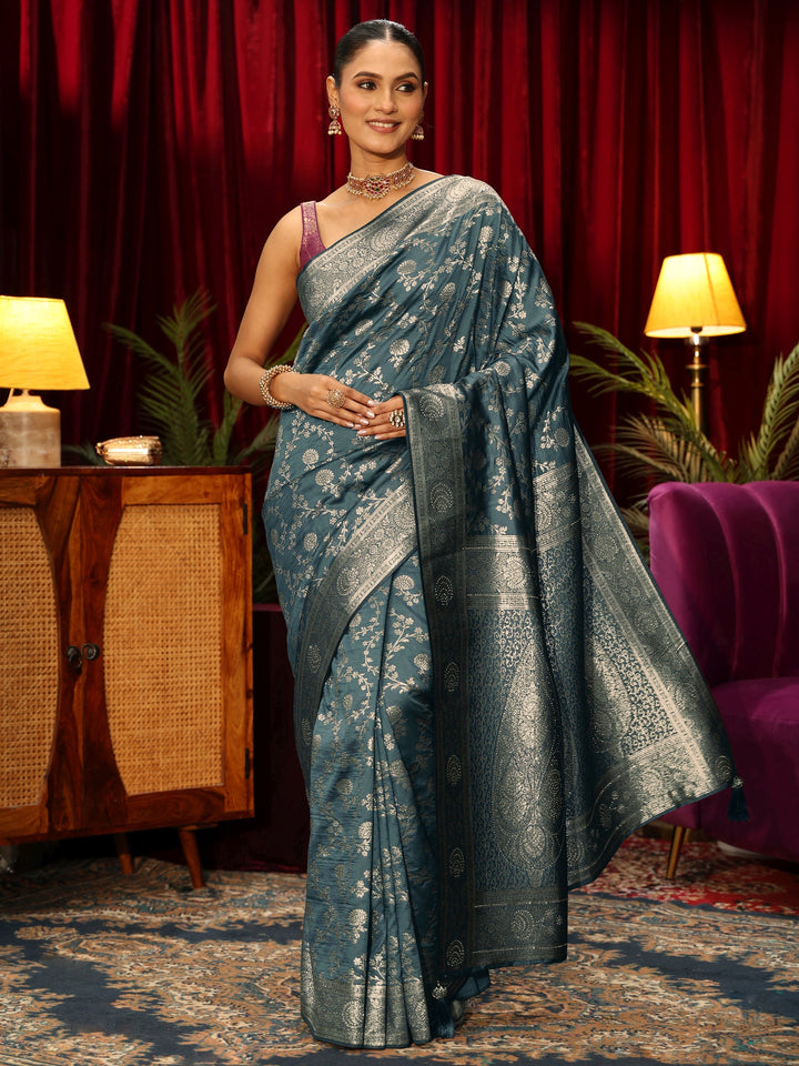 Libas Blue Floral Woven Design Silk Blend Saree